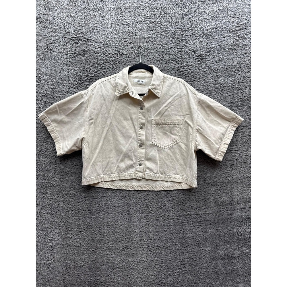 Agolde Short Sleeve Cropped Denim Button Down Shirt Off-White Womens Size XS